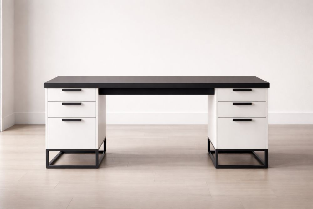 Rectangular Desk with Storage Drawers Wood/Metal Frame Black/White 160x75x70 cm-Domunera