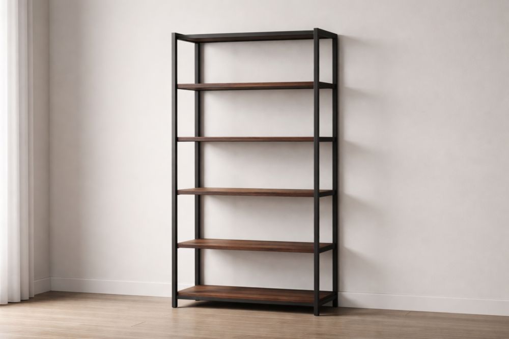 Industrial Wood Metal Bookshelf Rectangle Brown 5-Tier 180x90x35 cm-Domunera