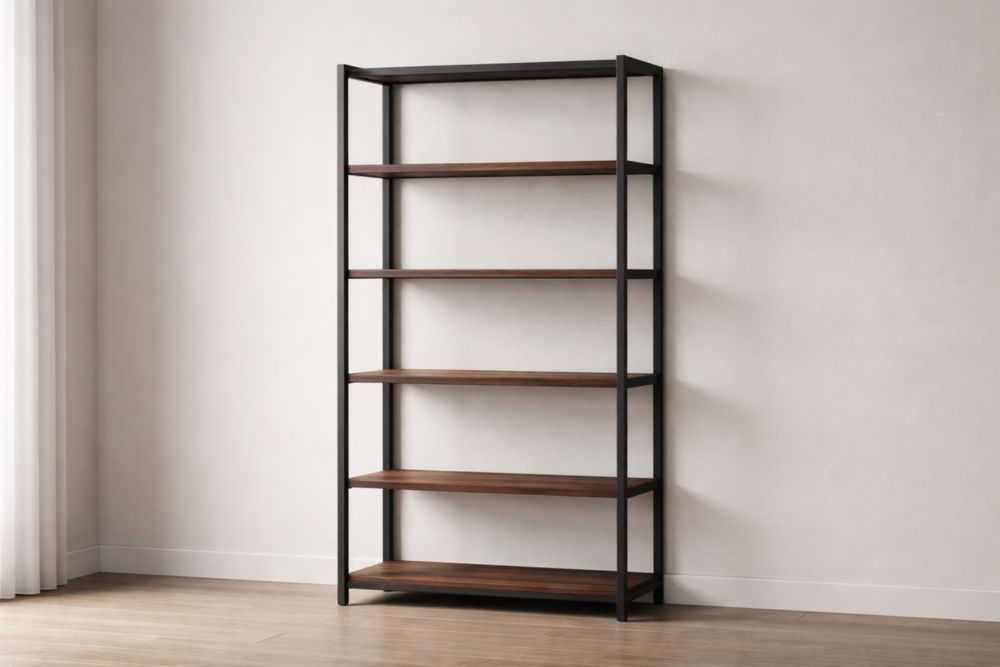 Industrial Wood Metal Bookshelf Rectangle Brown 5-Tier 180x90x35 cm-Domunera