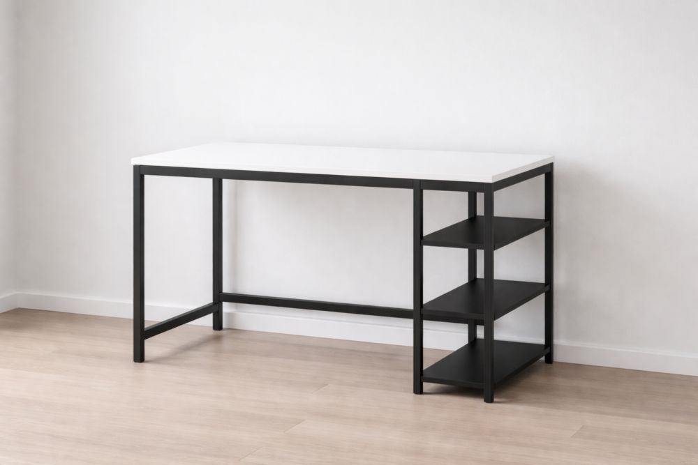 Modern Desk with Shelves Black Metal Frame White Top-Domunera