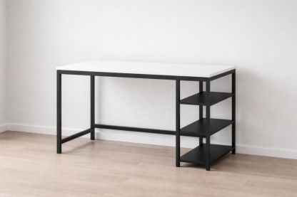 Modern Desk with Shelves Black Metal Frame White Top-Domunera
