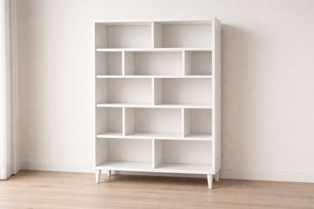 White Multi-Shelf Wooden Bookcase 183cm x 122cm x 30cm-Domunera
