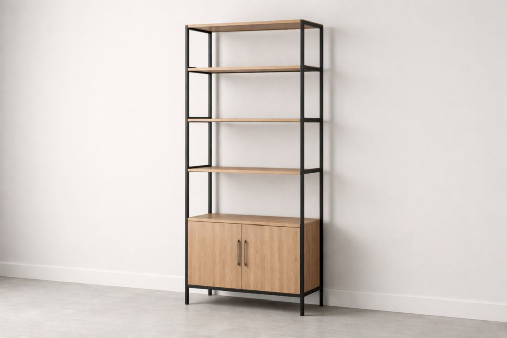Wooden Shelf with Black Metal Frame and Cabinet-Domunera