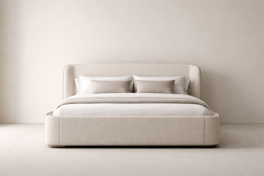 Upholstered Bed Frame Beige Polyester with Headboard and Wooden Slats-Domunera