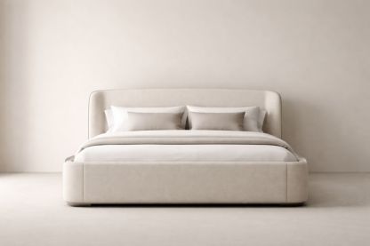 Upholstered Bed Frame Beige Polyester with Headboard and Wooden Slats-Domunera