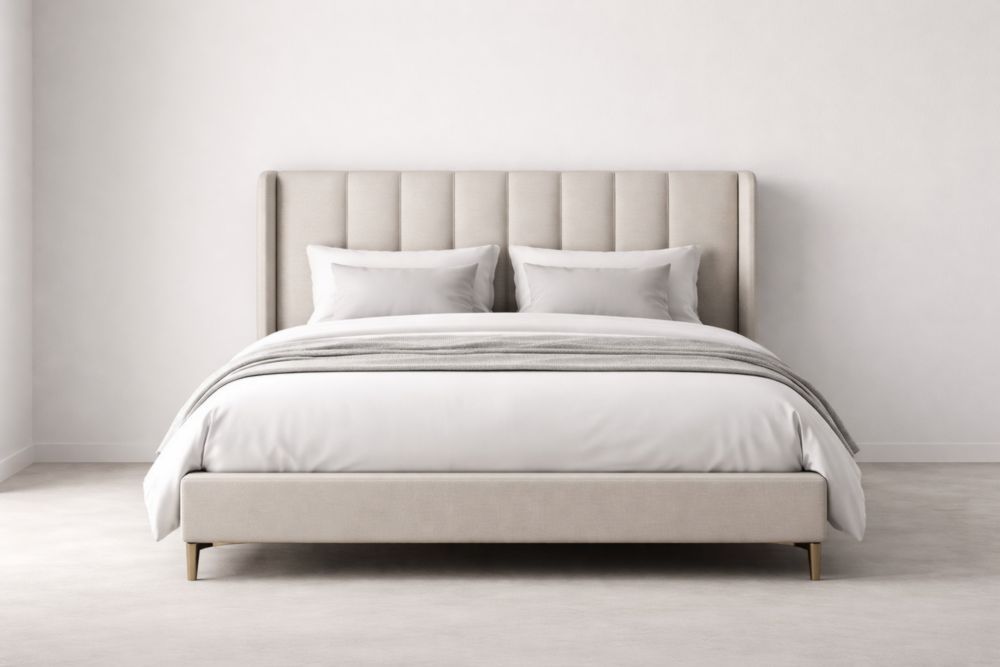 Upholstered Platform Bed Frame with Wingback Headboard Polyester Fabric Beige-Domunera