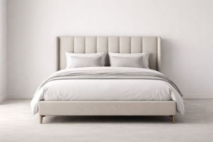 Upholstered Platform Bed Frame with Wingback Headboard Polyester Fabric Beige-Domunera