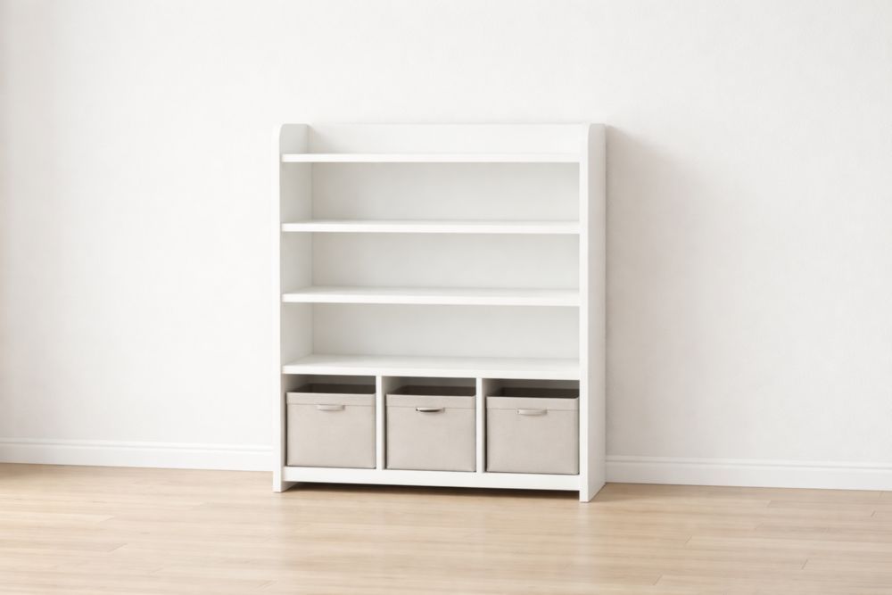 White Wood Bookshelf with Fabric Storage Bins-Domunera