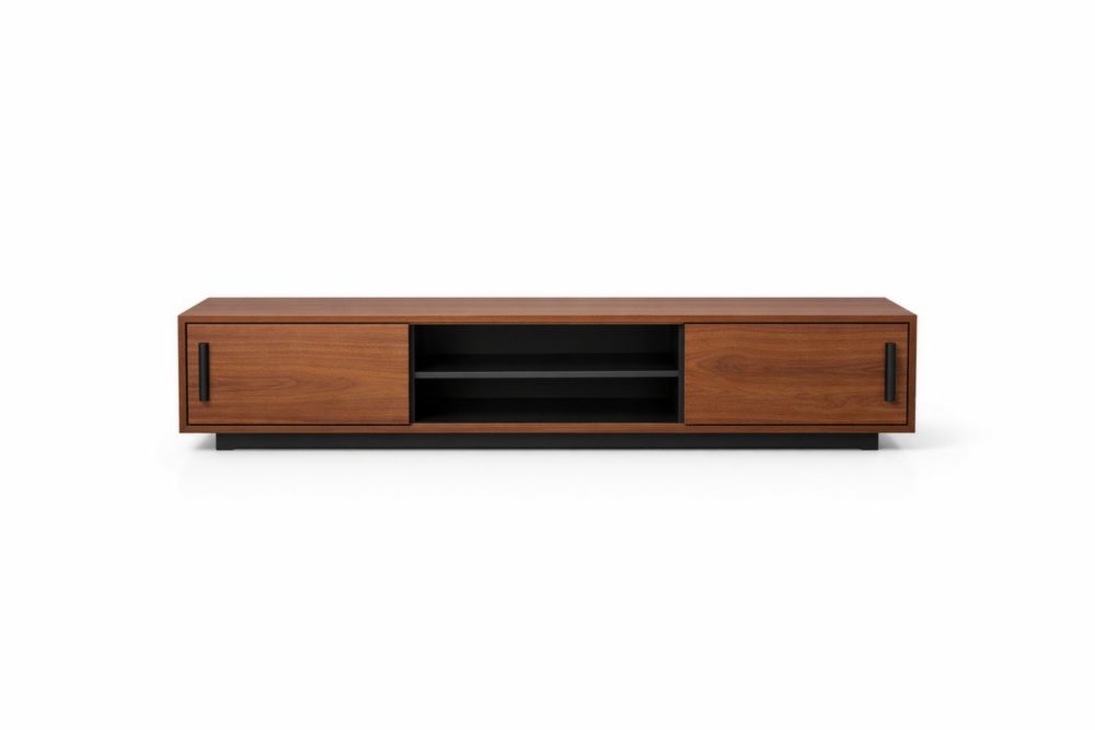Walnut TV Stand with Two Sliding Doors and Shelves-Havenluzio