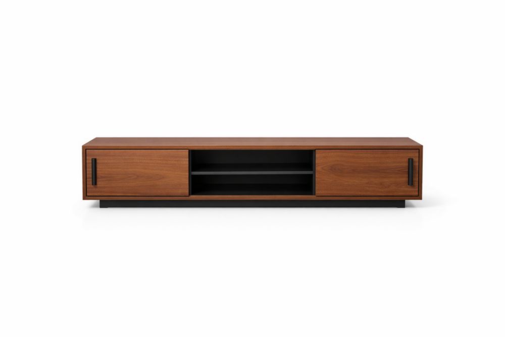 Walnut TV Stand with Two Sliding Doors and Shelves-Havenluzio
