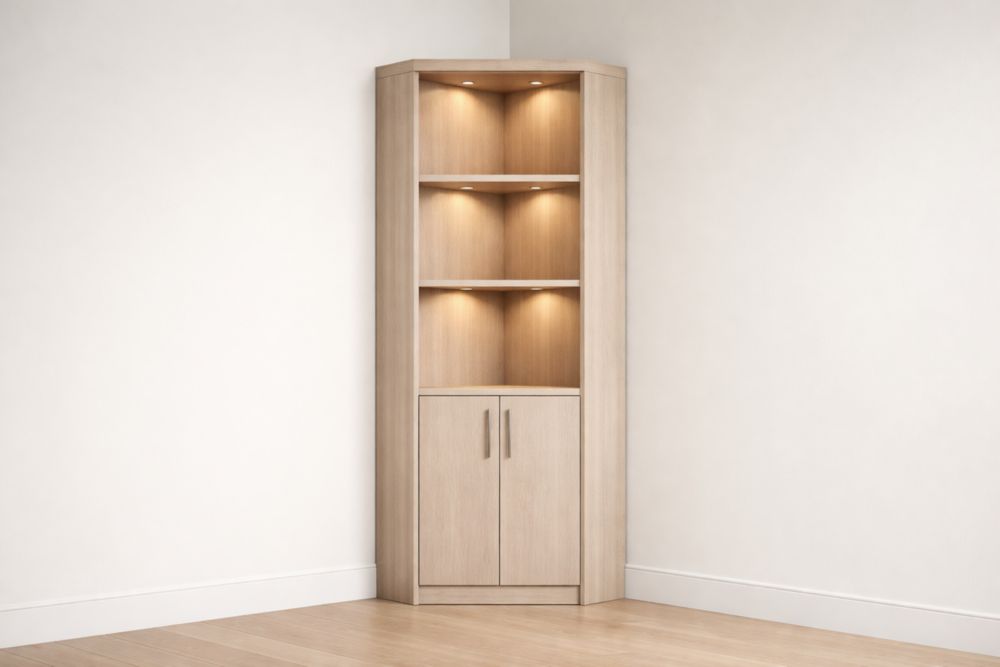 Corner Cabinet Light Wood with Shelves and LED Lighting-Havenluzio