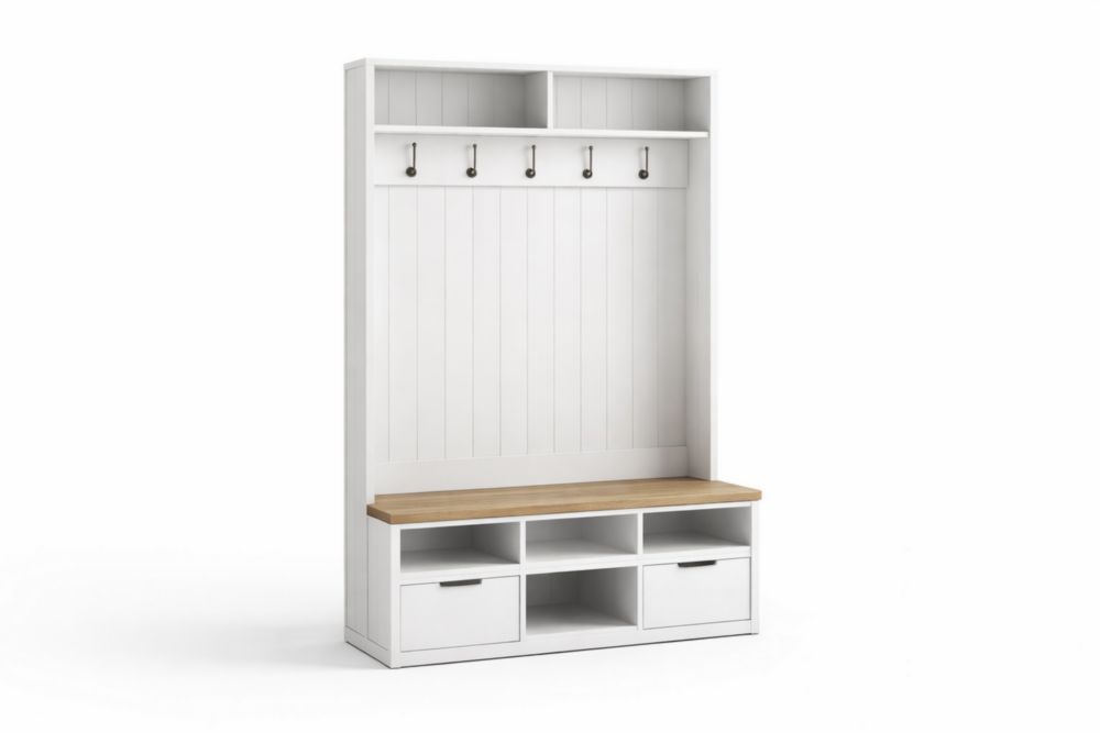 White Wood Hall Tree with Storage Bench and Hooks-Havenluzio