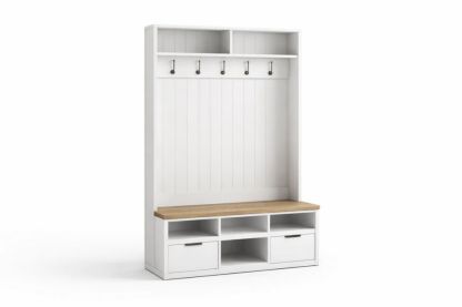 White Wood Hall Tree with Storage Bench and Hooks-Havenluzio