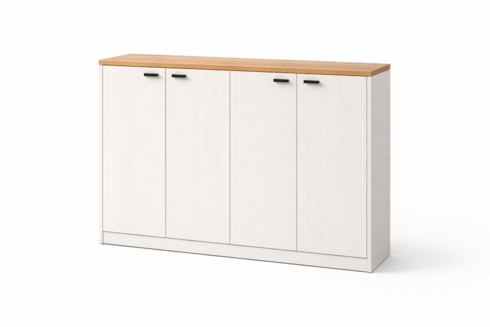 White and oak-colored four-door storage cabinet made of MDF, 120 × 40 × 90 cm-Havenluzio