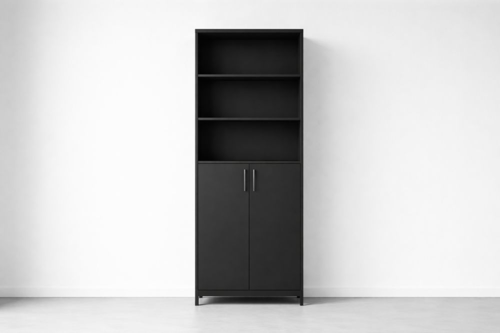 Black MDF Tall Bookshelf with Cabinet-Havenluzio