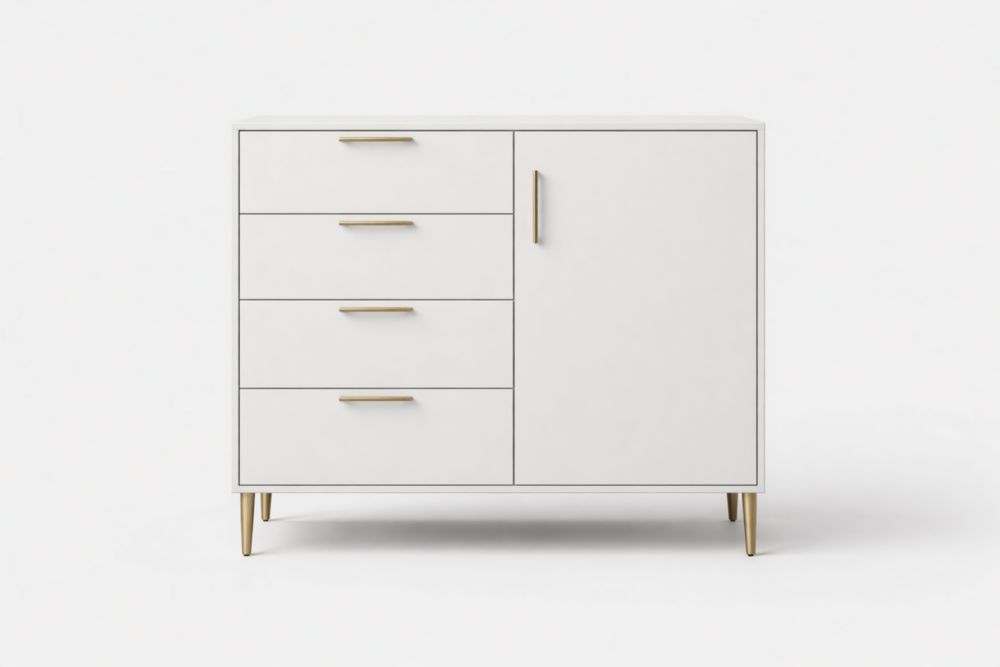 White wooden storage cabinet with four drawers and one door-Havenluzio