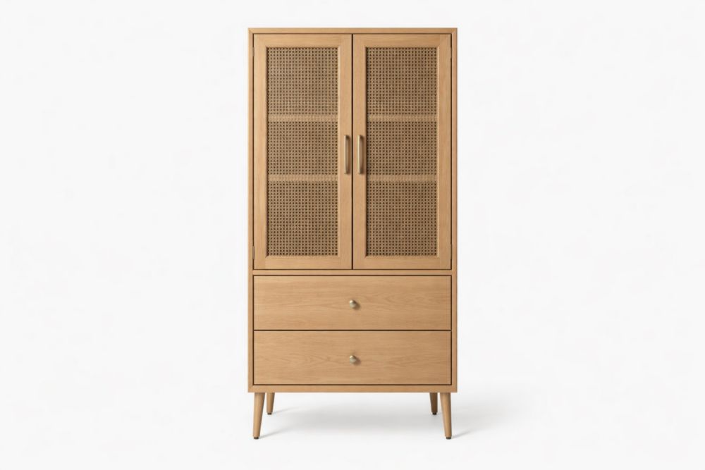 Wooden Cabinet with Rattan Doors and Two Drawers-Havenluzio