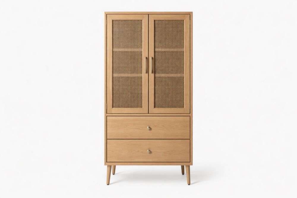 Wooden Cabinet with Rattan Doors and Two Drawers-Havenluzio