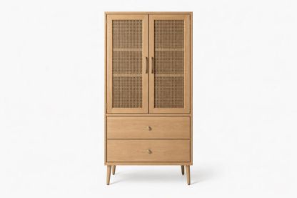 Wooden Cabinet with Rattan Doors and Two Drawers-Havenluzio
