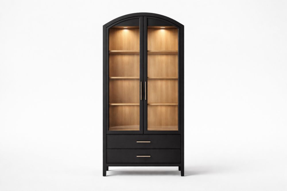 Black Arched Display Cabinet with Glass Doors and Wooden Shelves-Havenluzio