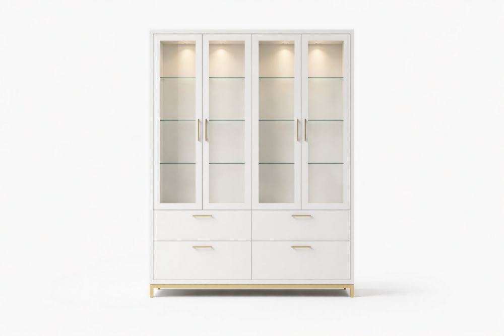 White Glass Display Cabinet with Shelves and Drawers-Havenluzio