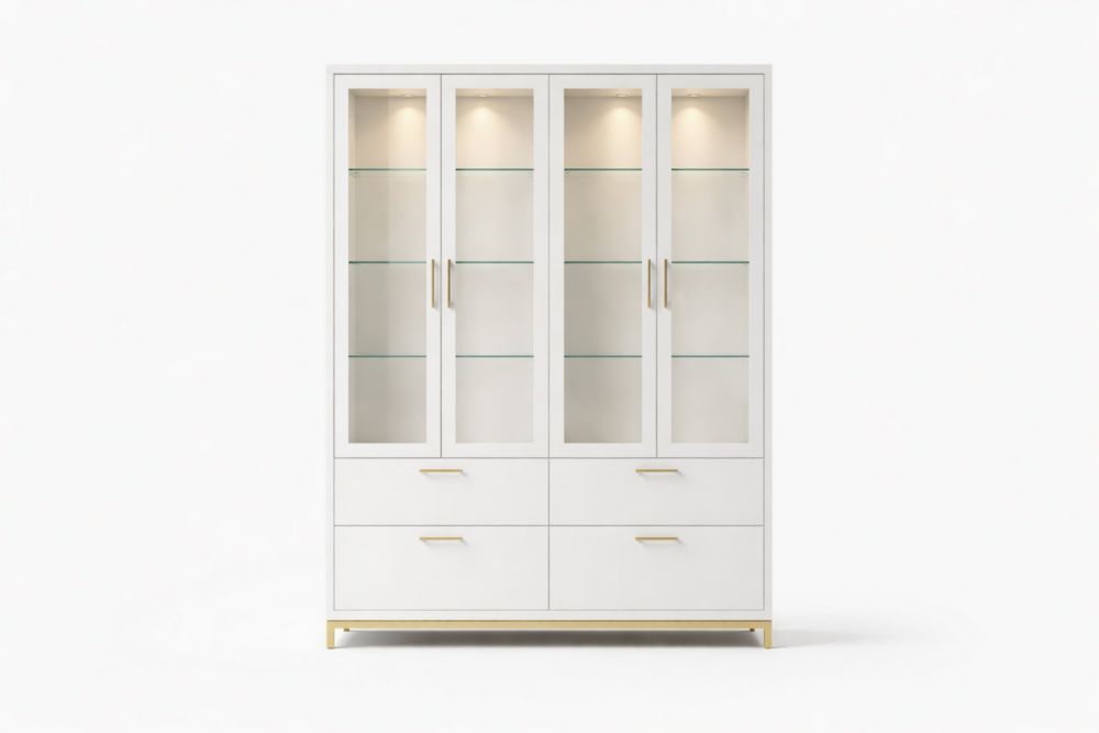 White Glass Display Cabinet with Shelves and Drawers-Havenluzio