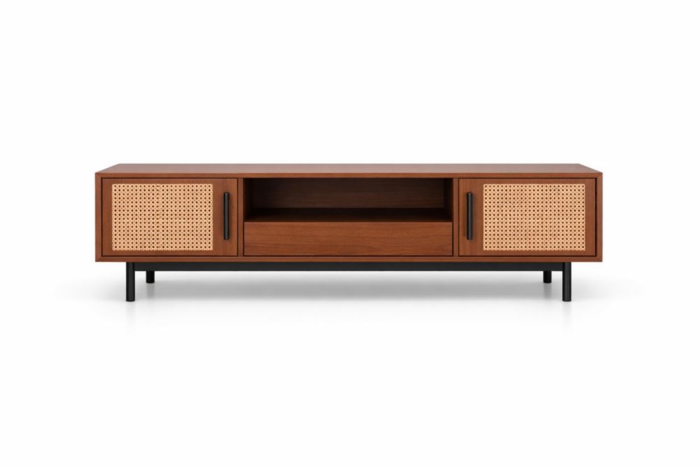 Wood TV Stand with Rattan Doors and Black Metal Legs 150cm-Havenluzio