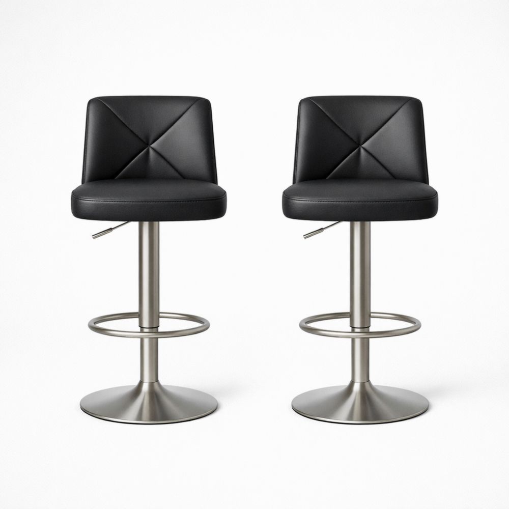 Set of 2 Adjustable Swivel Bar Stools with Black Faux Leather and Stainless Steel