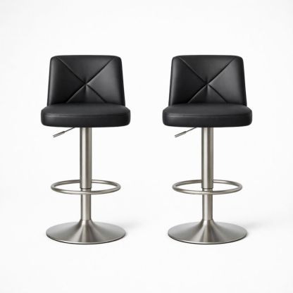 Set of 2 Adjustable Swivel Bar Stools with Black Faux Leather and Stainless Steel