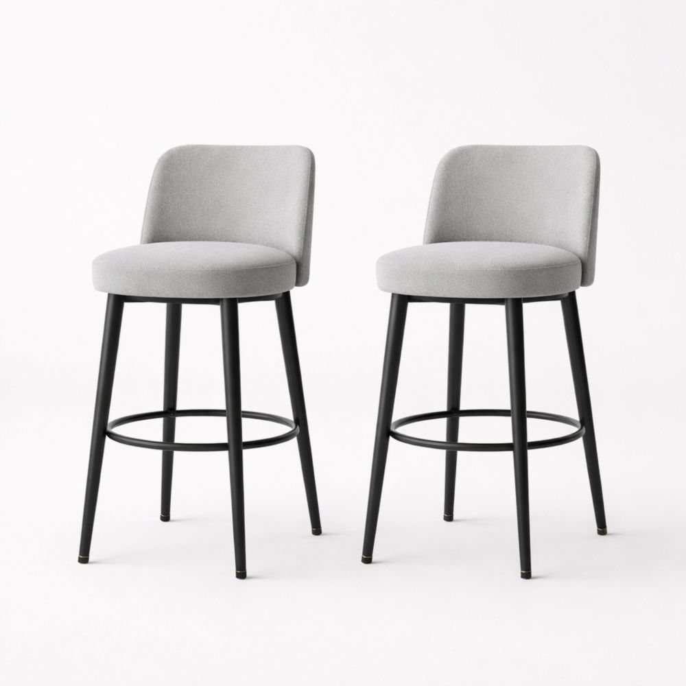Set of 2 Gray Polyester Fabric Bar Stools with Black Metal Legs