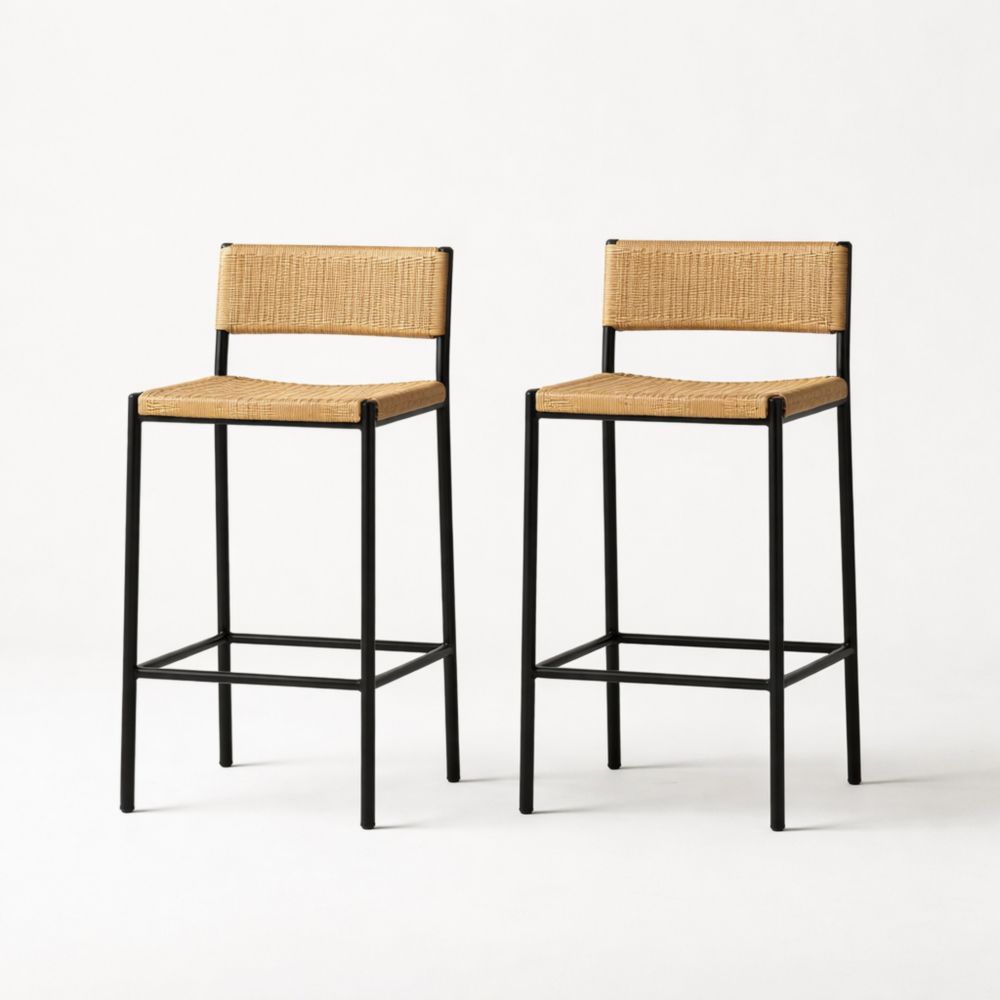 Set of 2 Bar Stools with Rattan Seat and Back, Black Metal Frame, Natural