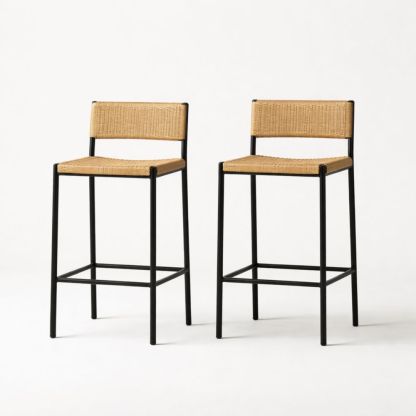 Set of 2 Bar Stools with Rattan Seat and Back, Black Metal Frame, Natural
