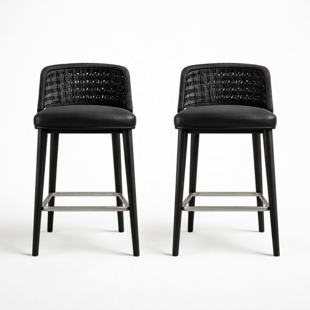 Set of 2 Black Rattan Bar Stools with Woven Back and Metal Footrest
