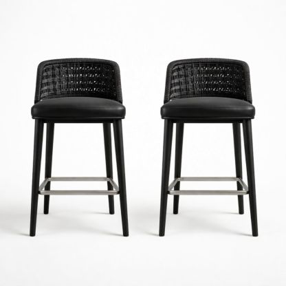 Set of 2 Black Rattan Bar Stools with Woven Back and Metal Footrest