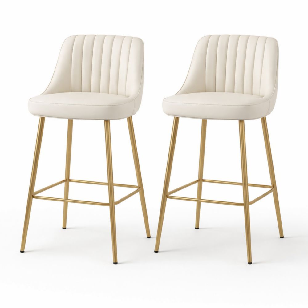 Set of 2 Counter Height Bar Stools Cream Faux Leather with Gold Metal Legs