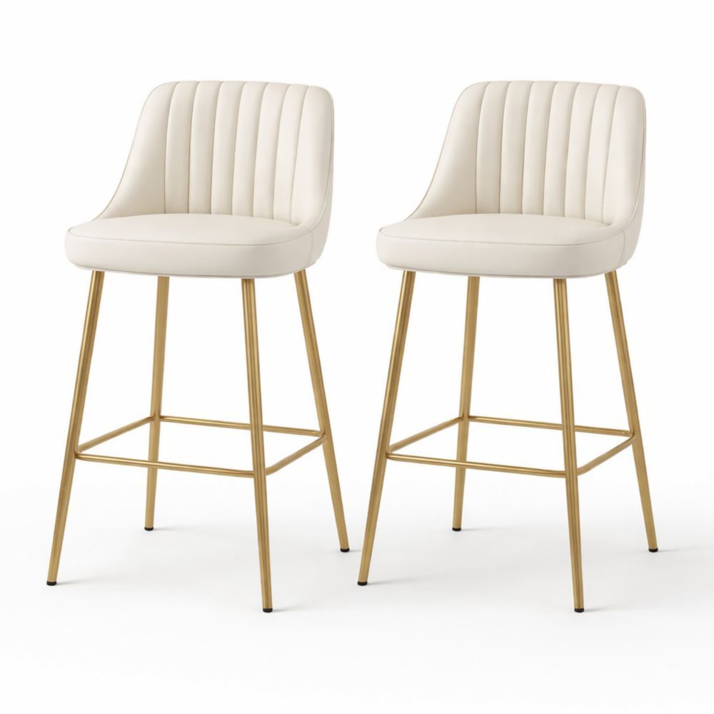 Set of 2 Counter Height Bar Stools Cream Faux Leather with Gold Metal Legs