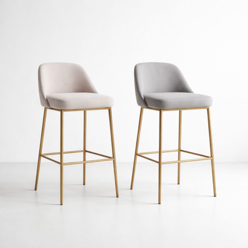 Velvet Upholstered Bar Stool Set with Gold Metal Legs Beige/Grey