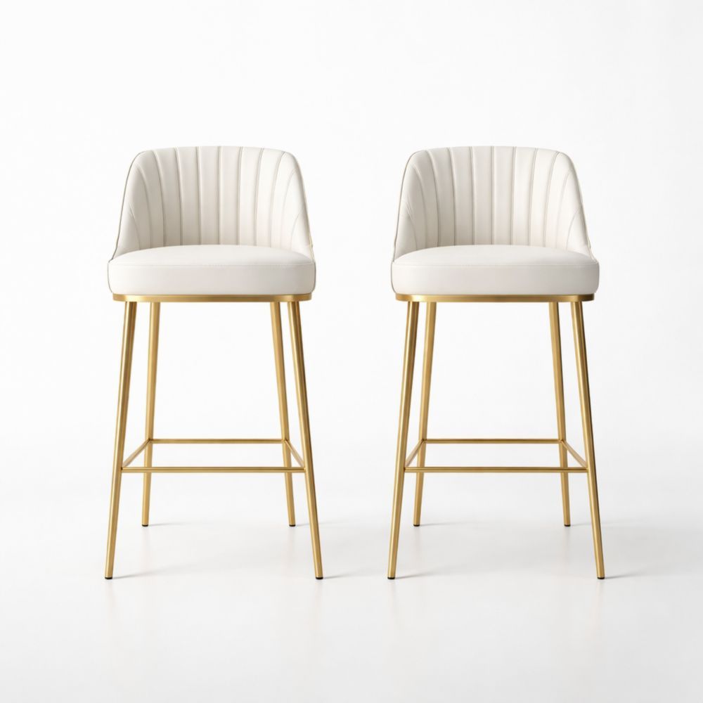 Set of 2 White Faux Leather Counter Stools with Gold Metal Frame