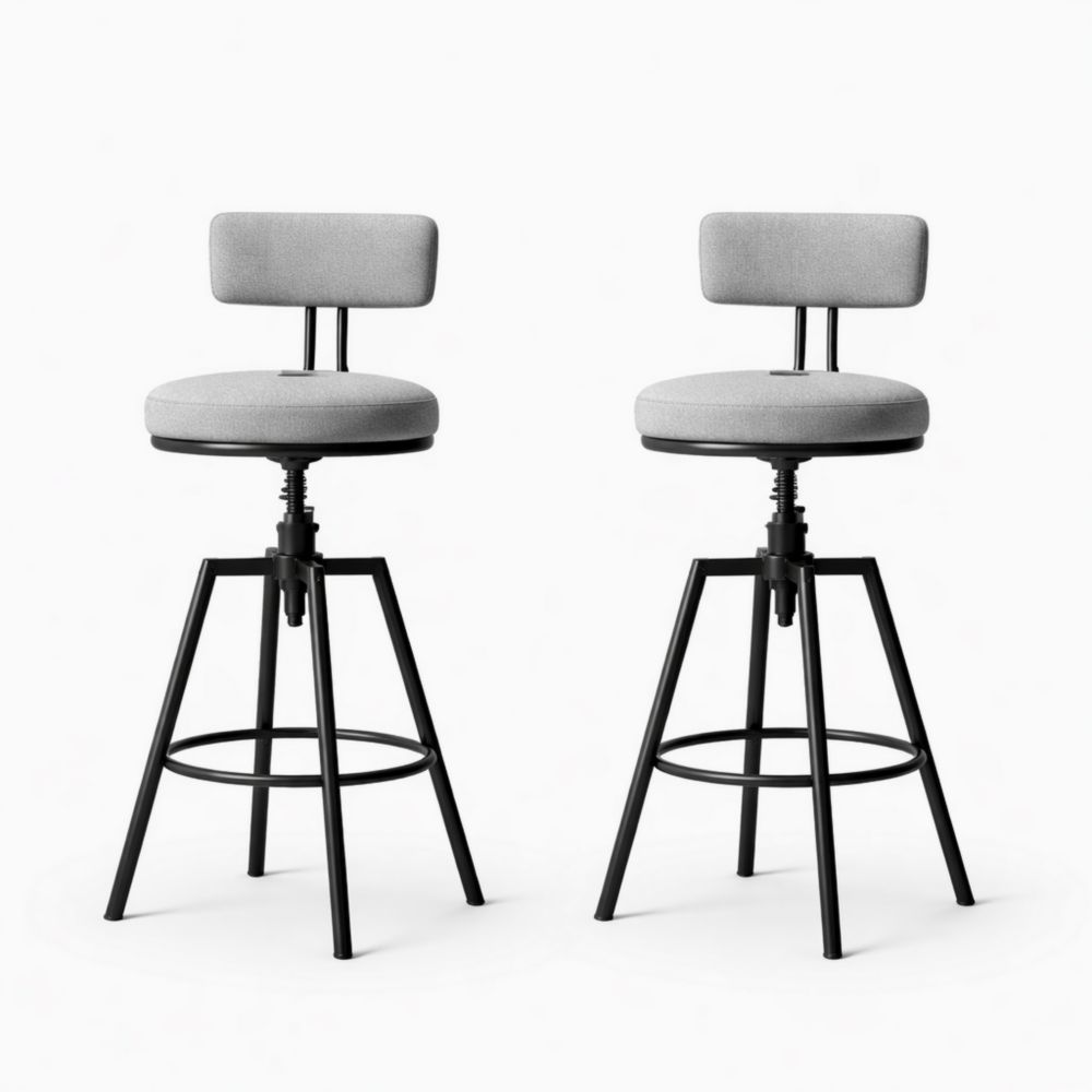 Set of 2 Adjustable Swivel Bar Stools with Gray Fabric Seats and Black Metal Frame