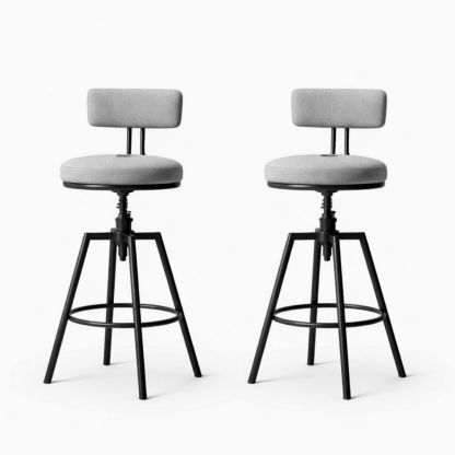 Set of 2 Adjustable Swivel Bar Stools with Gray Fabric Seats and Black Metal Frame