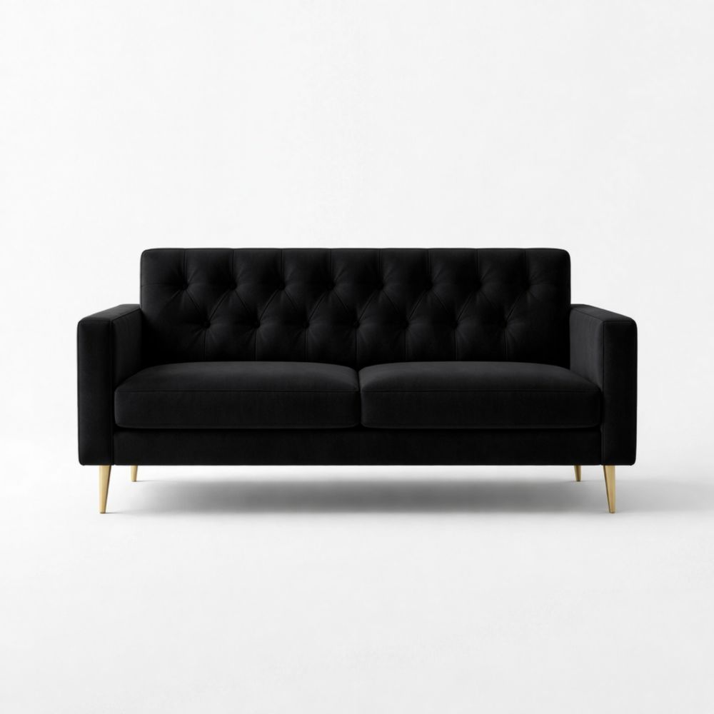 Black Tufted Fabric Sofa with Gold Legs