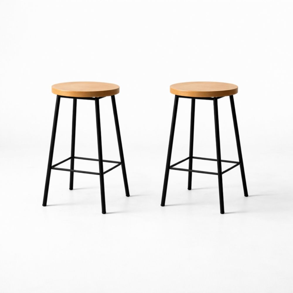 Set of 2 Wooden Seat Metal Frame Bar Stools