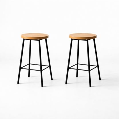 Set of 2 Wooden Seat Metal Frame Bar Stools