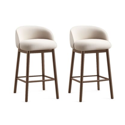 Set of 2 Upholstered Bar Stools with Wooden Legs Cream