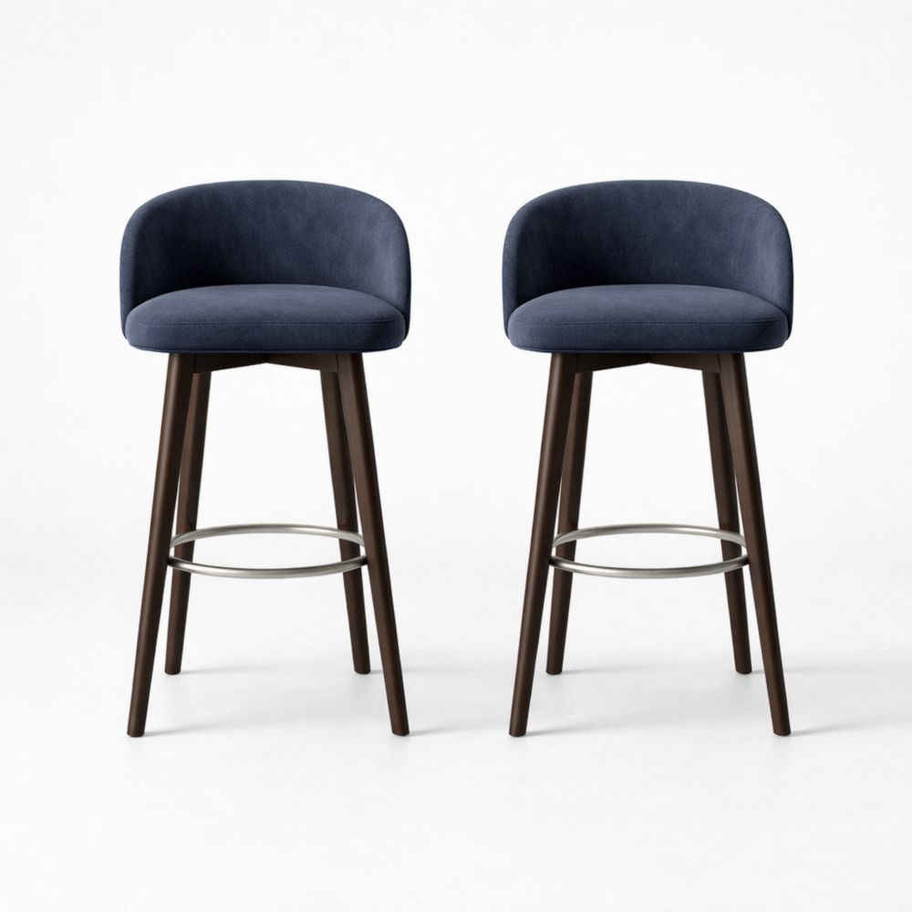 Set of 2 Upholstered Bar Stools with Backrest and Metal Footrest, Navy Fabric, Wooden Legs