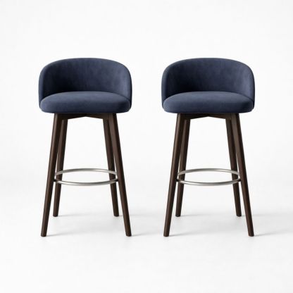 Set of 2 Upholstered Bar Stools with Backrest and Metal Footrest, Navy Fabric, Wooden Legs