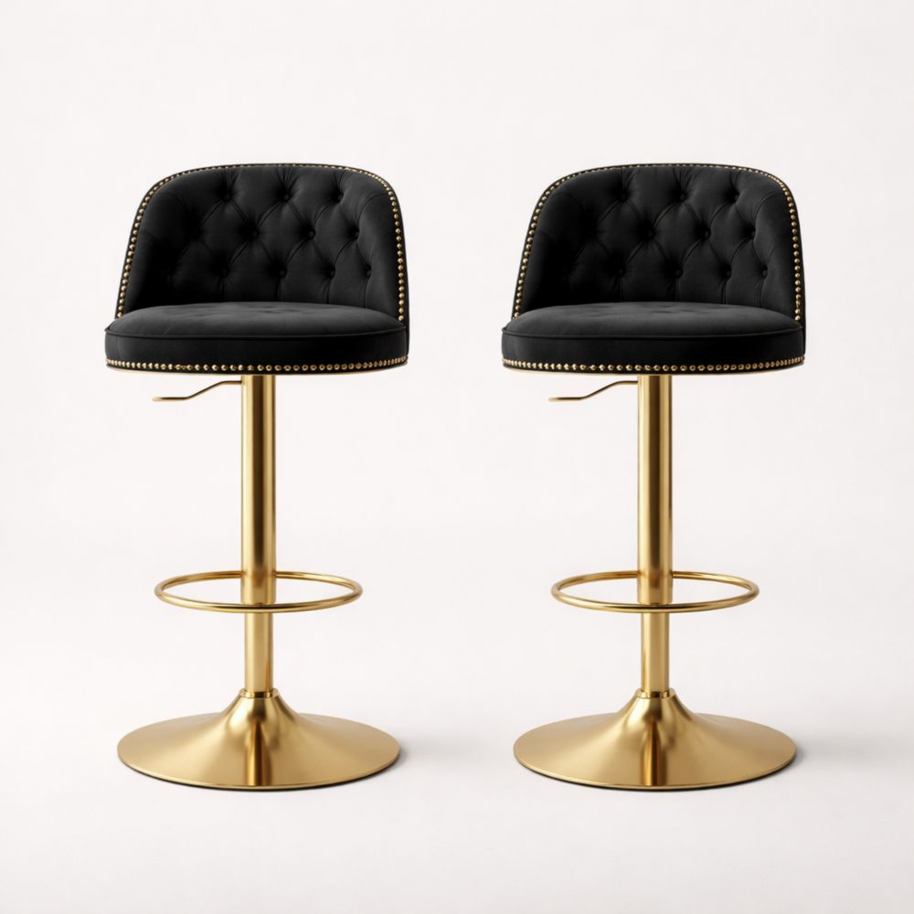 Set of 2 Velvet Tufted Adjustable Bar Stools Black Gold Frame