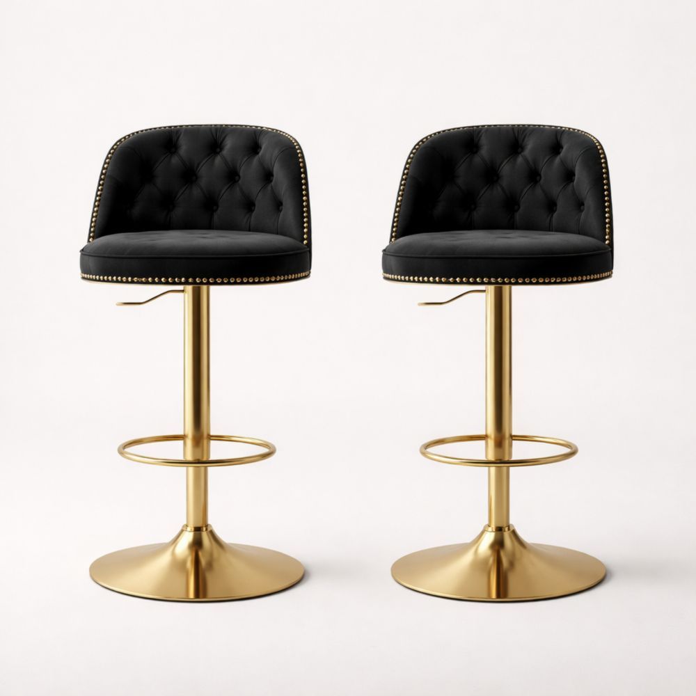 Set of 2 Velvet Tufted Adjustable Bar Stools Black Gold Frame