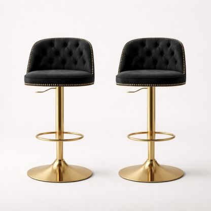 Set of 2 Velvet Tufted Adjustable Bar Stools Black Gold Frame