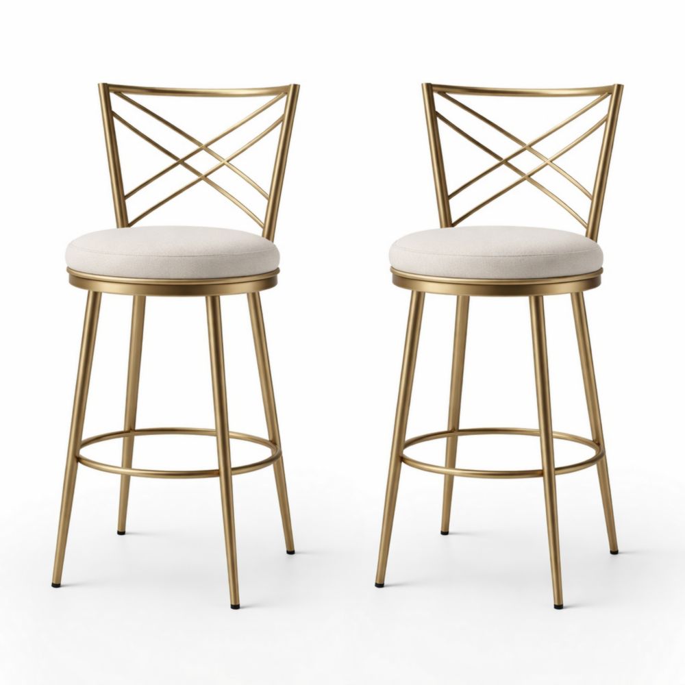 Set of 2 Gold Metal Bar Stools with Beige Fabric Cushions
